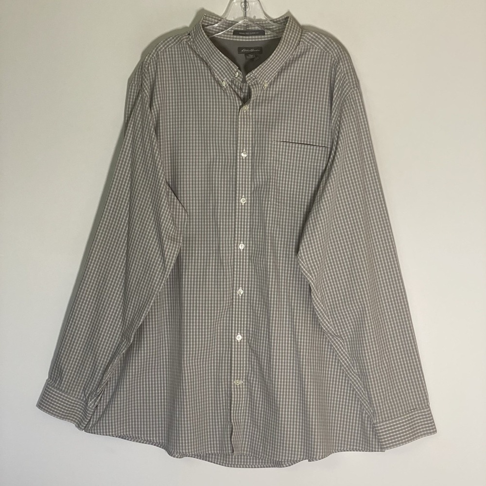 Eddie Bauer Shirt Mens 3XLT Gray Plaid Button‎ Down Casual Cotton Pocket Classic